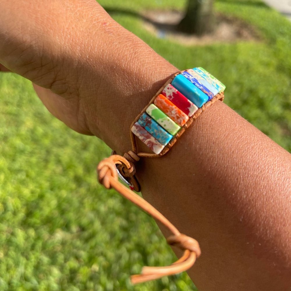 7 Chakra Bracelet Handmade Natural Stone Tube Beads Leather Wrap Women Bangle
